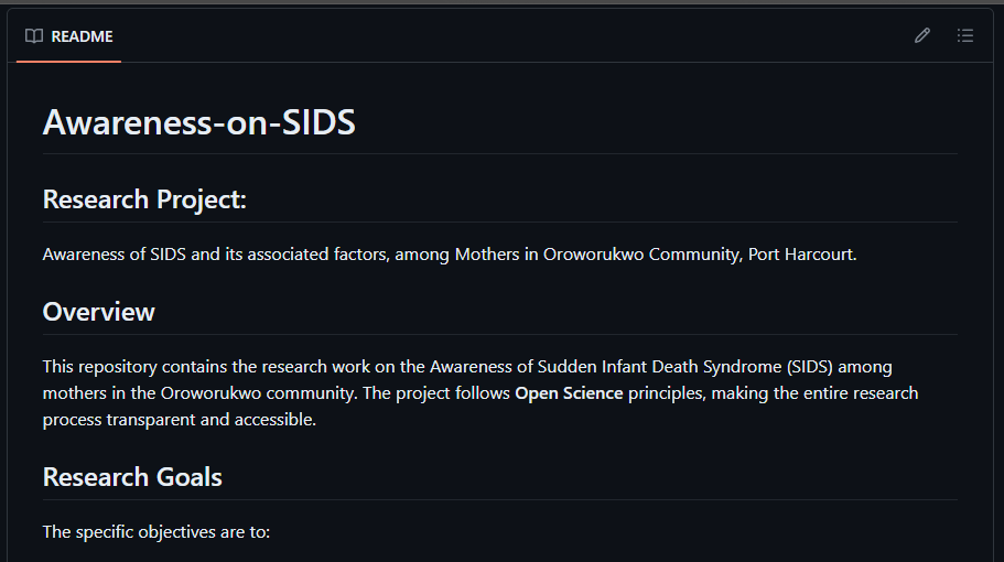 Screenshot of a GitHub README.md file. It contains text detailing a project titled 'Awareness-on-SIDS'